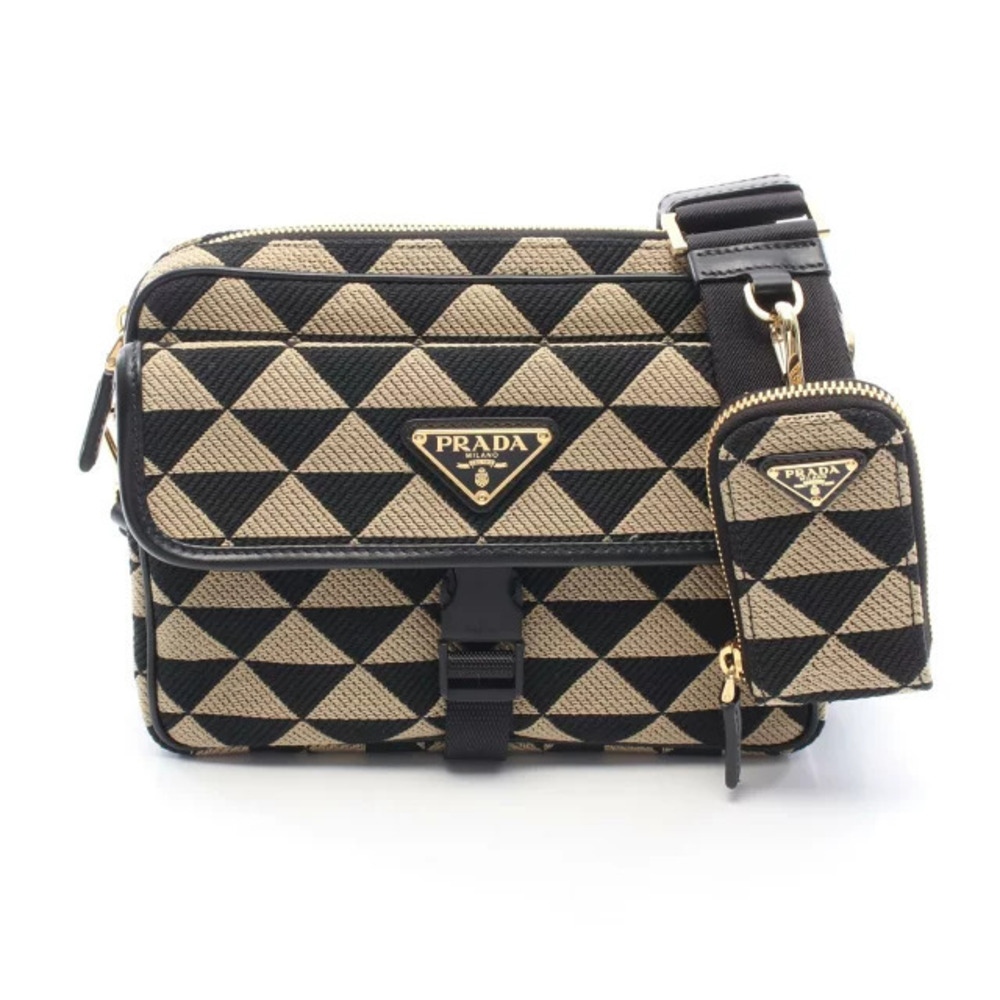 Prada Symbol Embroidery Shoulder Bag Canvas Leather Beige Cream Black